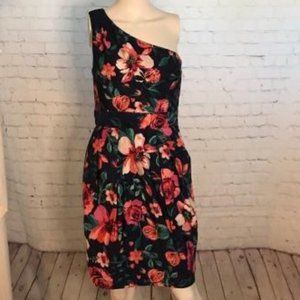 Eliza J One Shoulder Dress - Black with Pink Floral